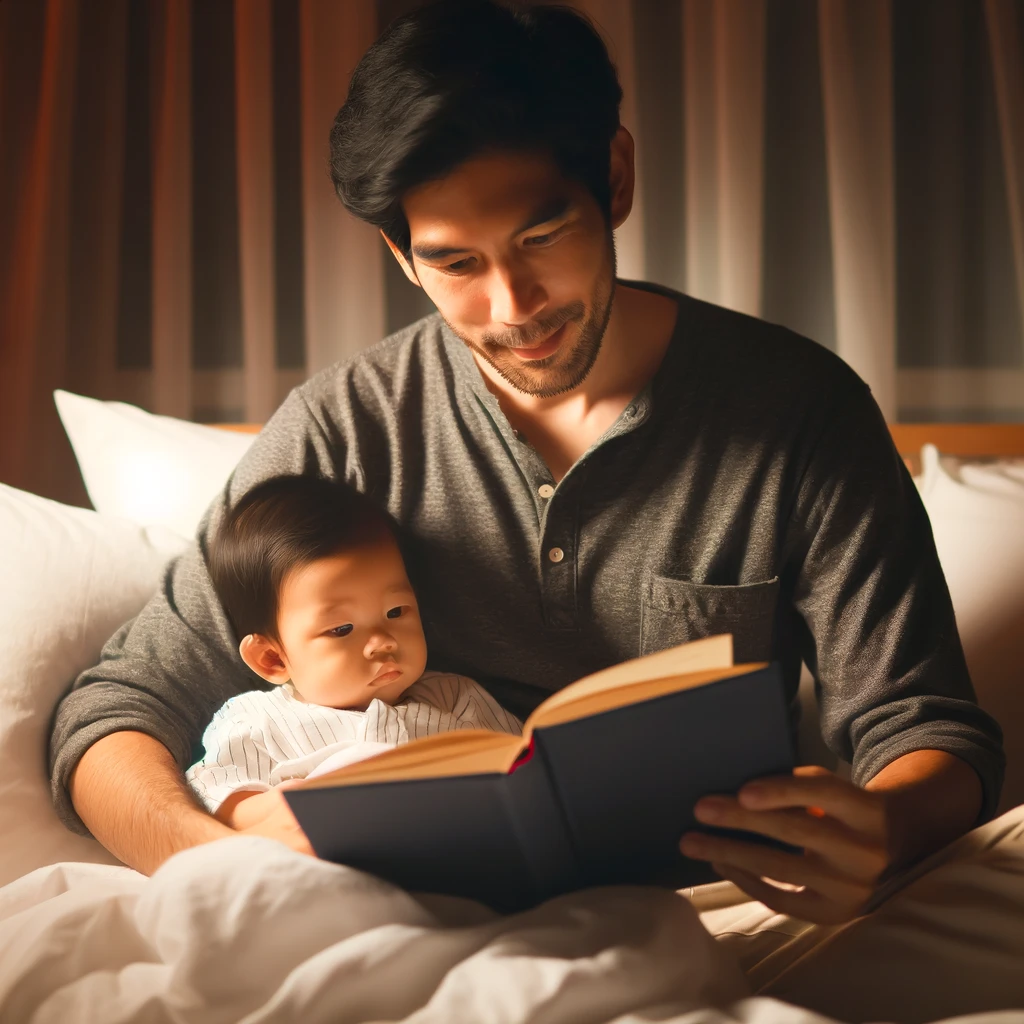 Pai lendo um livro para o bebê antes de dormir, em um quarto com luz suave, criando um ambiente acolhedor.