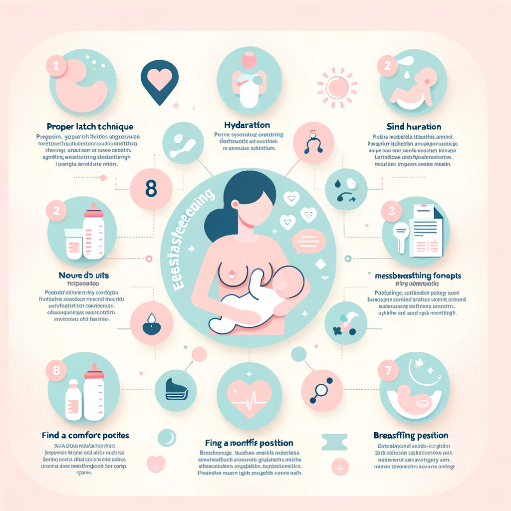 "Infográfico com dicas essenciais de amamentação para novas mães, incluindo técnicas e benefícios."