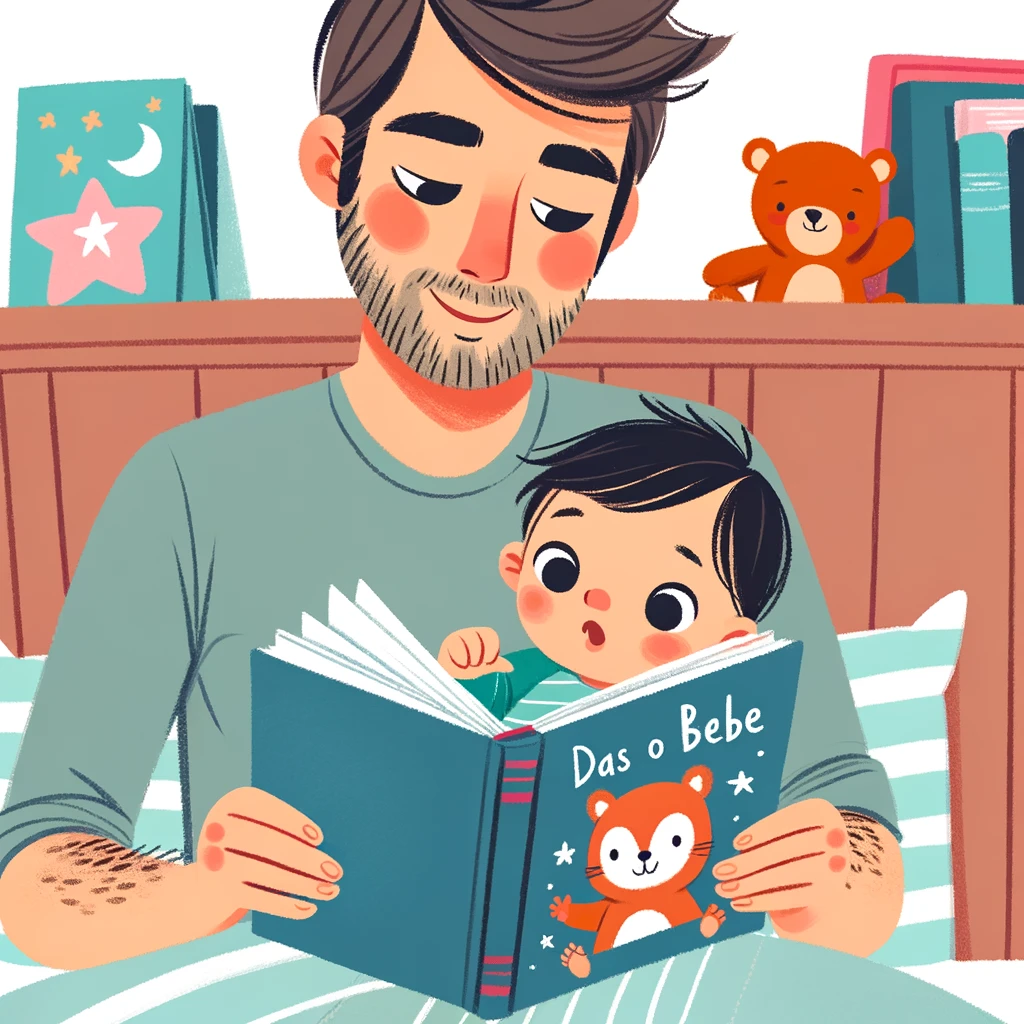 Pais lendo um livro de histórias para o bebê antes de dormir.